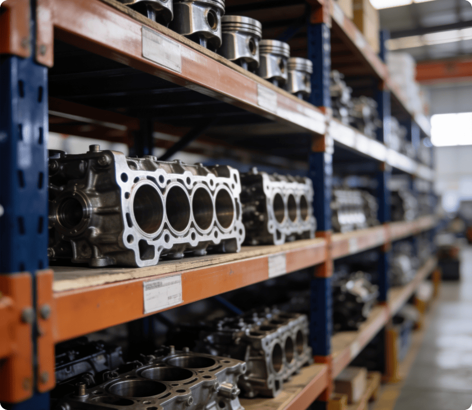 Diesel engine parts and cylinder heads in a Chinese auto parts warehouse